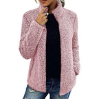 Fall Winter Warm Sweatshirt Stand Collar Solid Color Top Sweater Women's Casual Fashion Long Sleeve Zipper Bubble Velvet Coat Tops