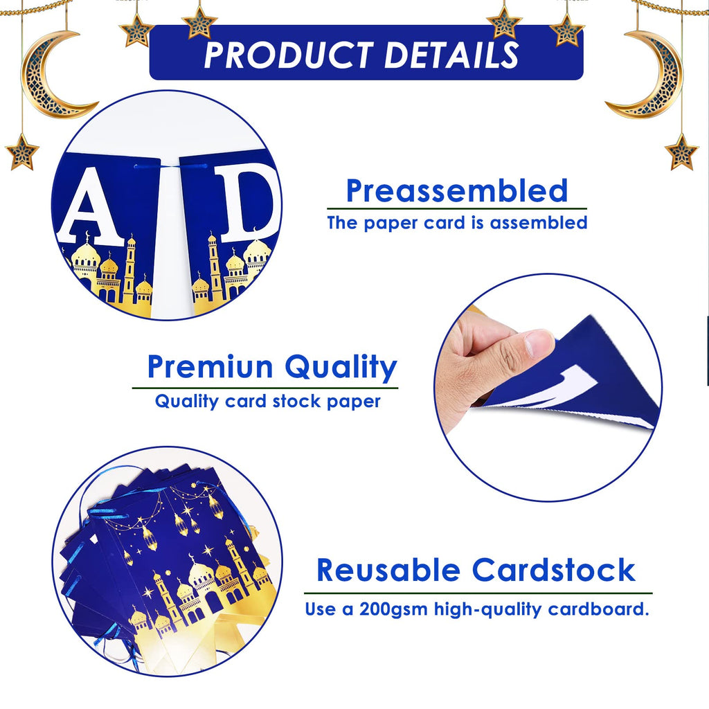 AhfuLife Ramadan Mubarak Banner Set – 3 Pcs Bunting & Crescent Star Garland