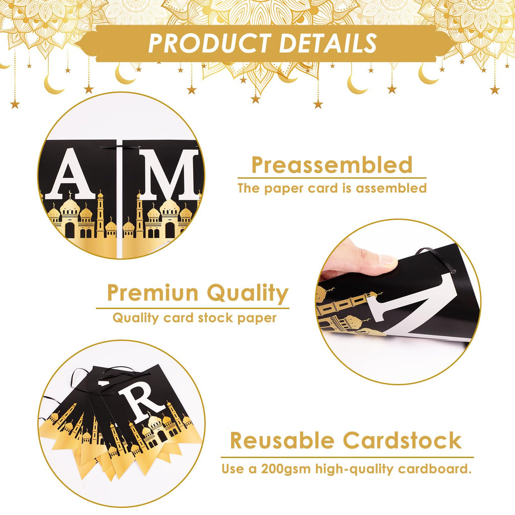 AhfuLife Ramadan Eid Banner Set – 4 Pcs, 16 Balloons, Ready-to-Hang Black & Gold