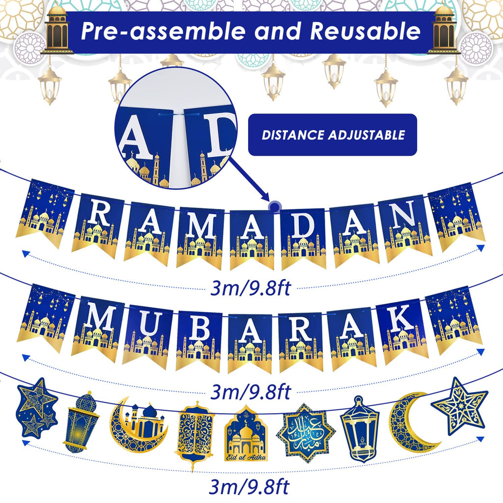 AhfuLife Ramadan Mubarak Banner Set – 3 Pcs Bunting & Crescent Star Garland