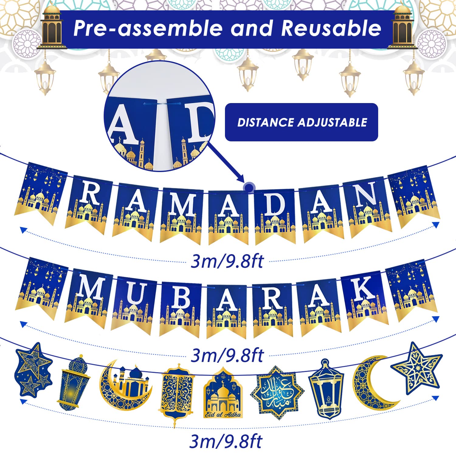 AhfuLife Ramadan Mubarak Banner Set – 3 Pcs Bunting & Crescent Star Garland