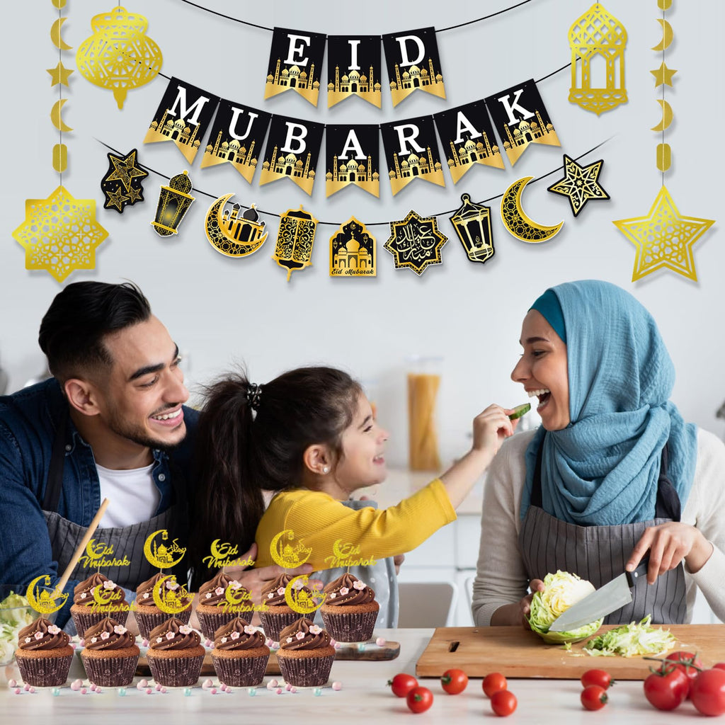 AhfuLife Ramadan Eid Mubarak Decorations - Preassembled Banners, Star Moon Garland, Cupcake Toppers (21-Piece Set)