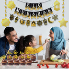 AhfuLife Ramadan Eid Mubarak Decorations - Preassembled Banners, Star Moon Garland, Cupcake Toppers (21-Piece Set)