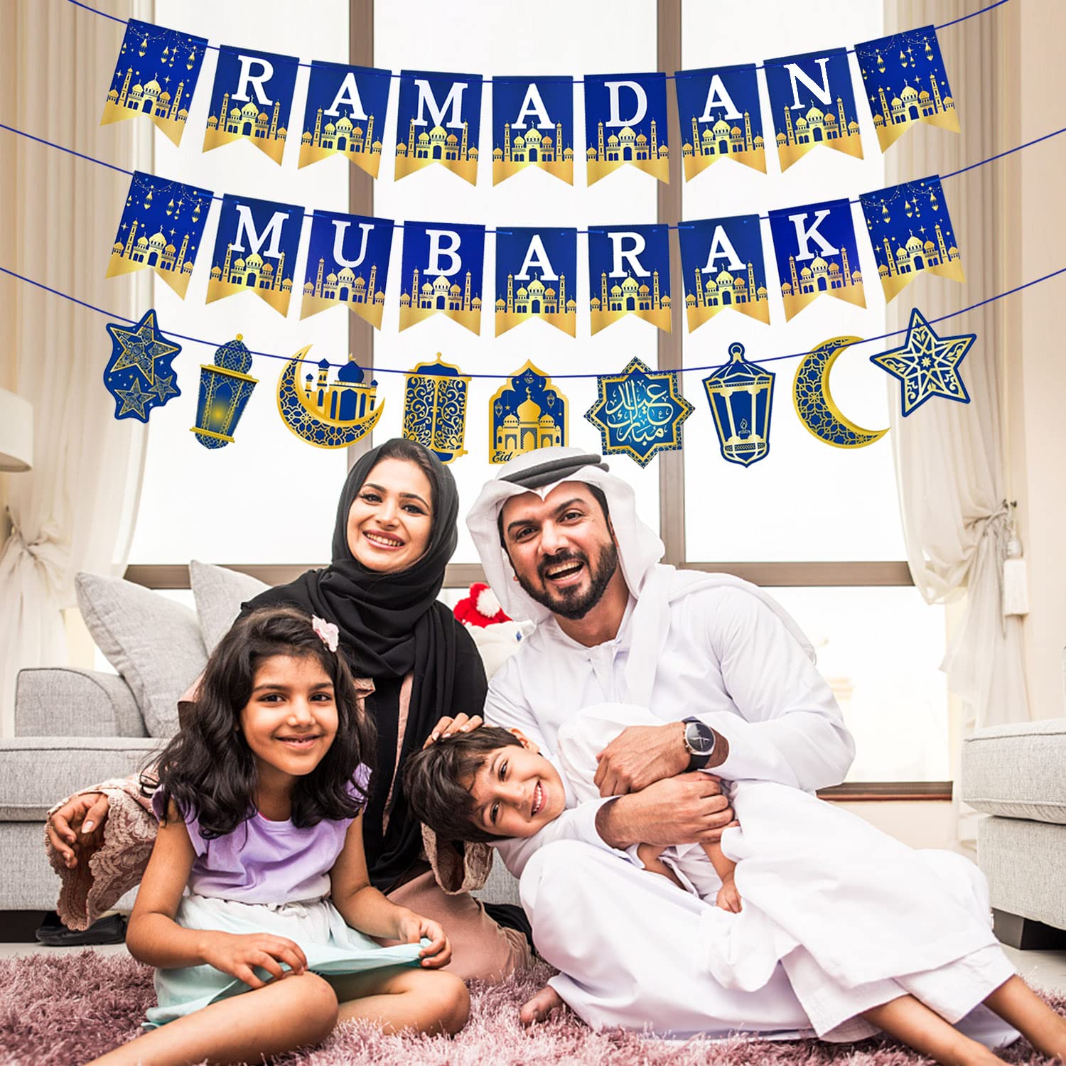 AhfuLife Ramadan Mubarak Banner Set – 3 Pcs Bunting & Crescent Star Garland