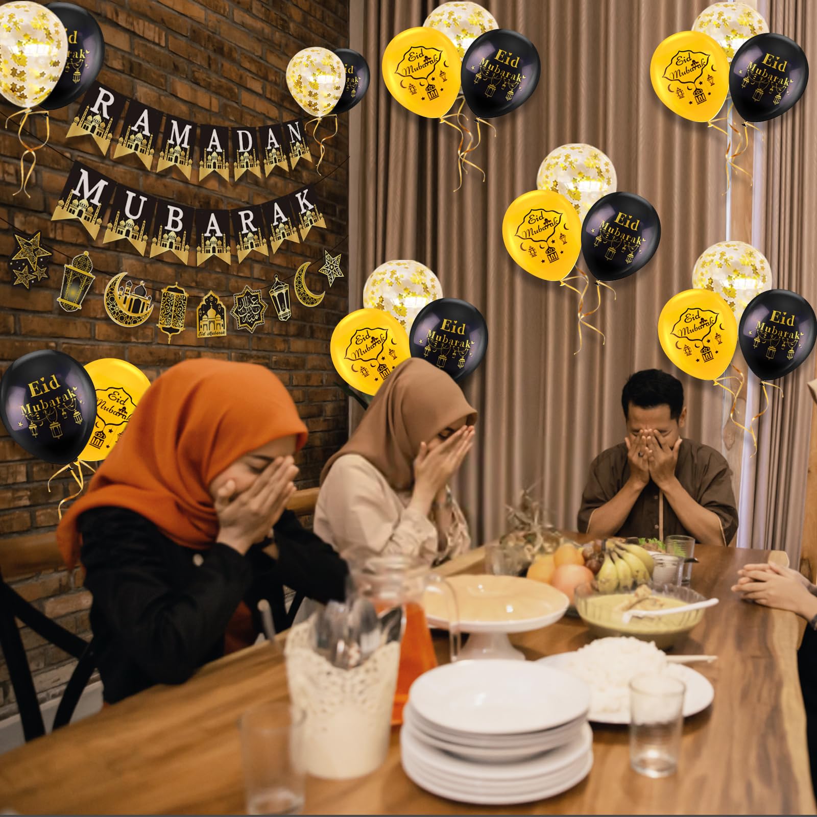AhfuLife Ramadan Eid Banner Set – 4 Pcs, 16 Balloons, Ready-to-Hang Black & Gold