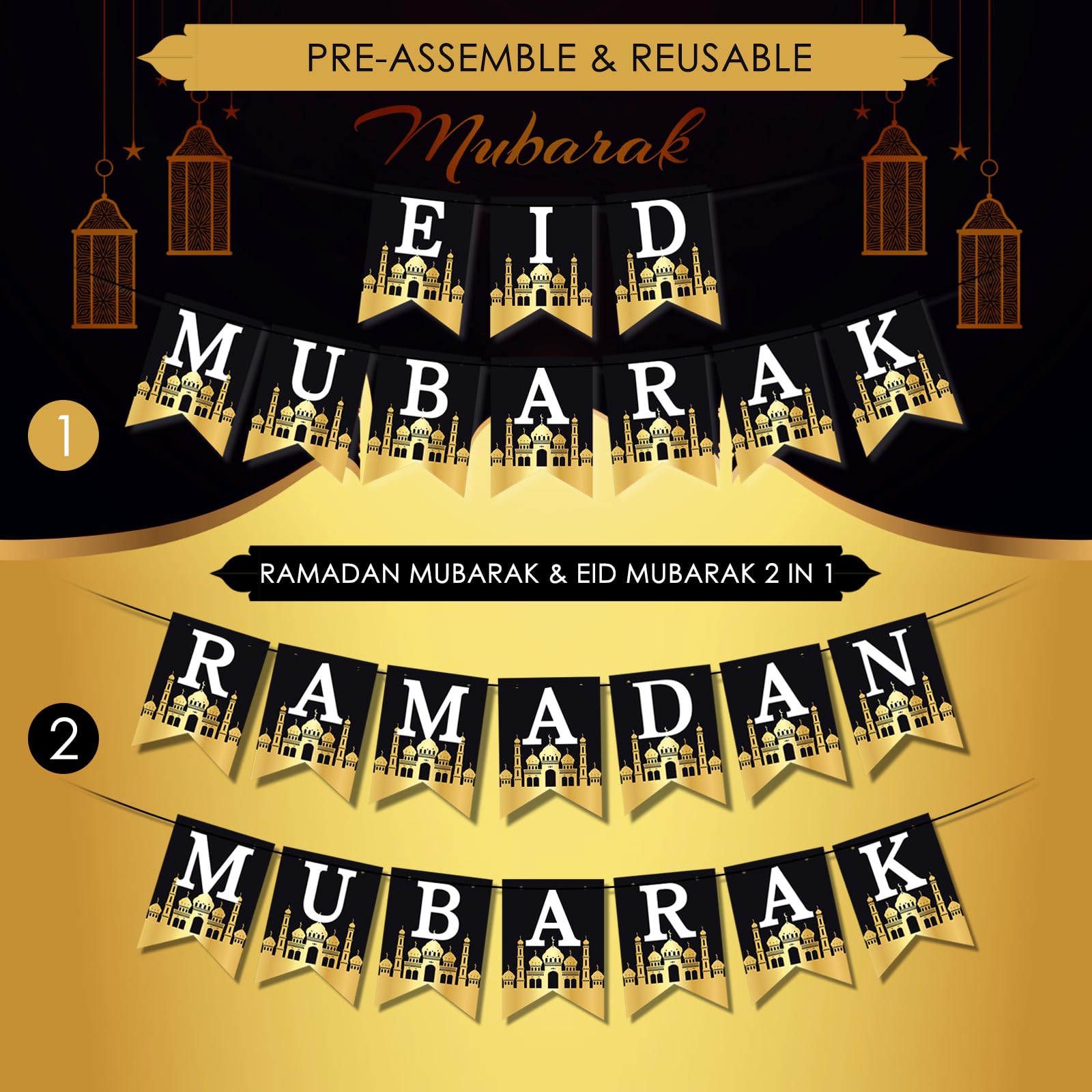 AhfuLife Ramadan Eid Mubarak Decorations - Preassembled Banners, Star Moon Garland, Cupcake Toppers (21-Piece Set)