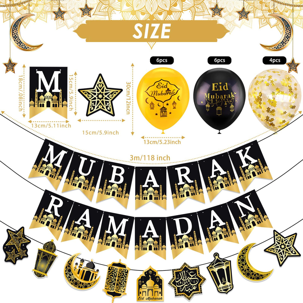 AhfuLife Ramadan Eid Banner Set – 4 Pcs, 16 Balloons, Ready-to-Hang Black & Gold