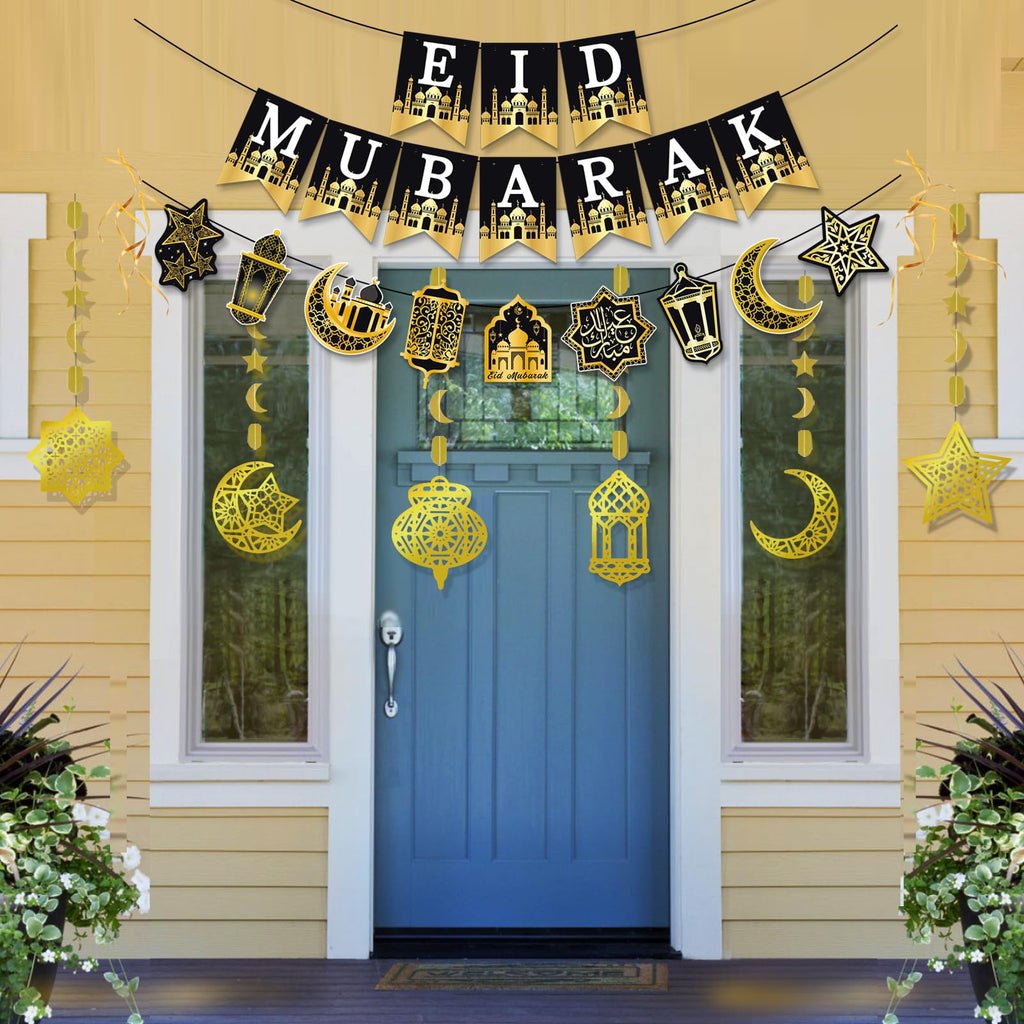 AhfuLife Ramadan Eid Mubarak Decorations - Preassembled Banners, Star Moon Garland, Cupcake Toppers (21-Piece Set)