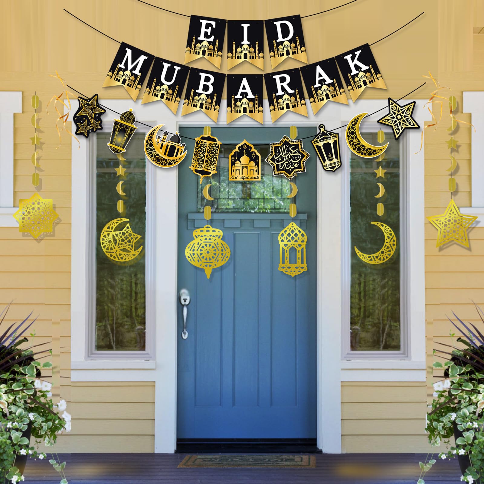 AhfuLife Ramadan Eid Mubarak Decorations - Preassembled Banners, Star Moon Garland, Cupcake Toppers (21-Piece Set)