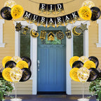AhfuLife Ramadan Eid Banner Set – 4 Pcs, 16 Balloons, Ready-to-Hang Black & Gold