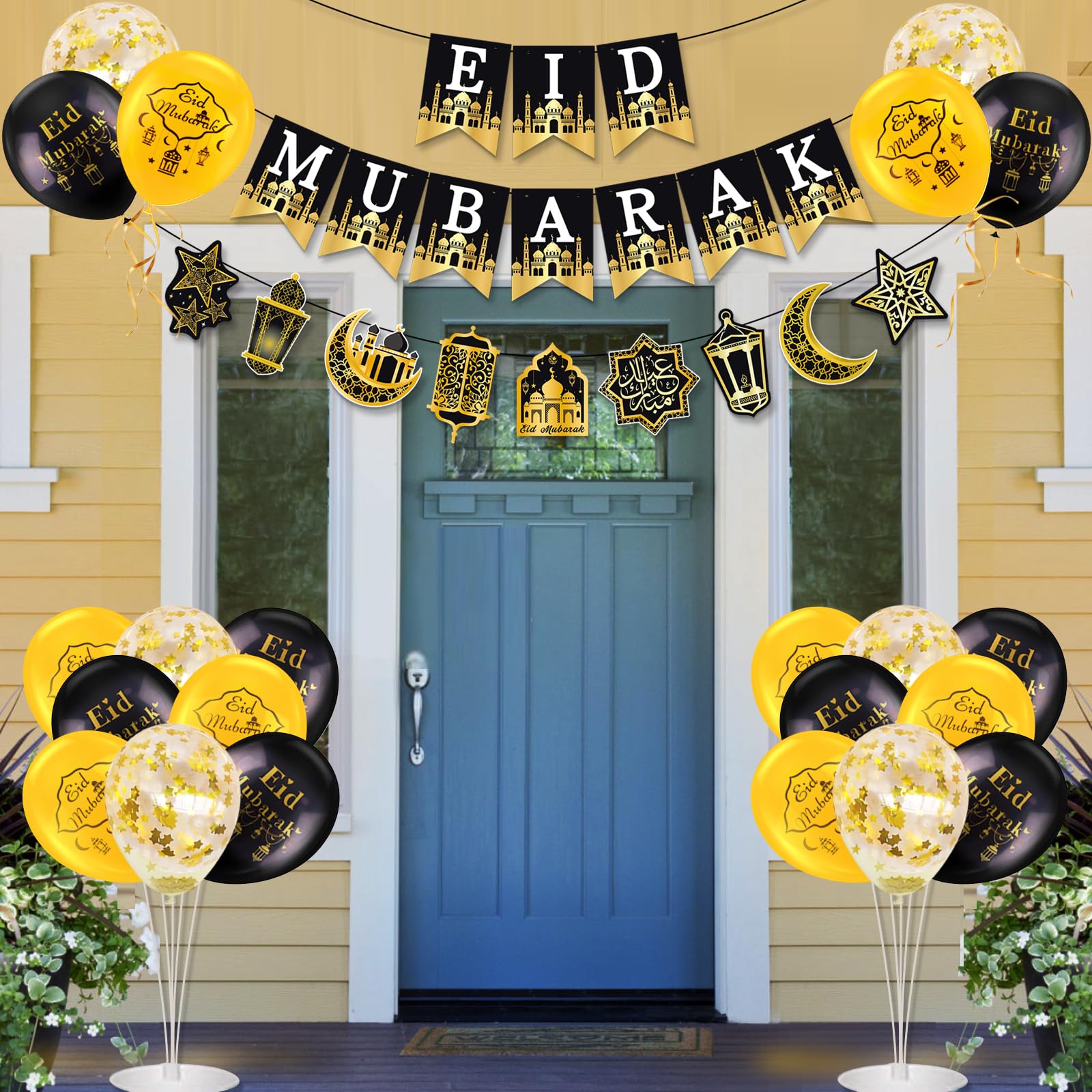 AhfuLife Ramadan Eid Banner Set – 4 Pcs, 16 Balloons, Ready-to-Hang Black & Gold