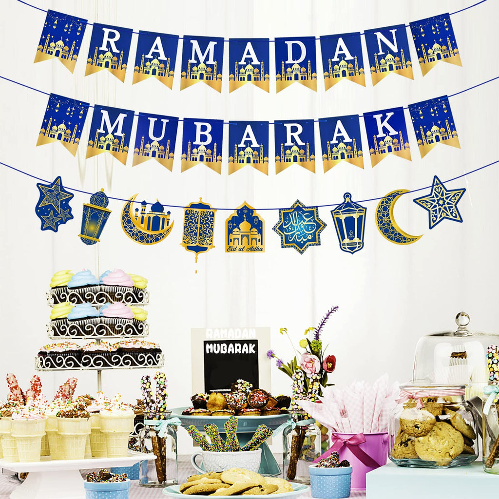 AhfuLife Ramadan Mubarak Banner Set – 3 Pcs Bunting & Crescent Star Garland