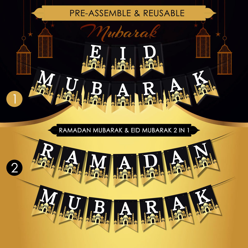 AhfuLife Ramadan Eid Banner Set – 4 Pcs, 16 Balloons, Ready-to-Hang Black & Gold