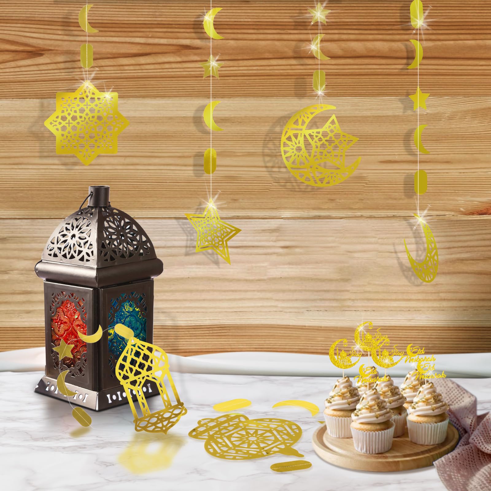 AhfuLife Ramadan Eid Mubarak Decorations - Preassembled Banners, Star Moon Garland, Cupcake Toppers (21-Piece Set)