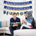 AhfuLife Ramadan Mubarak Banner Set – 3 Pcs Bunting & Crescent Star Garland