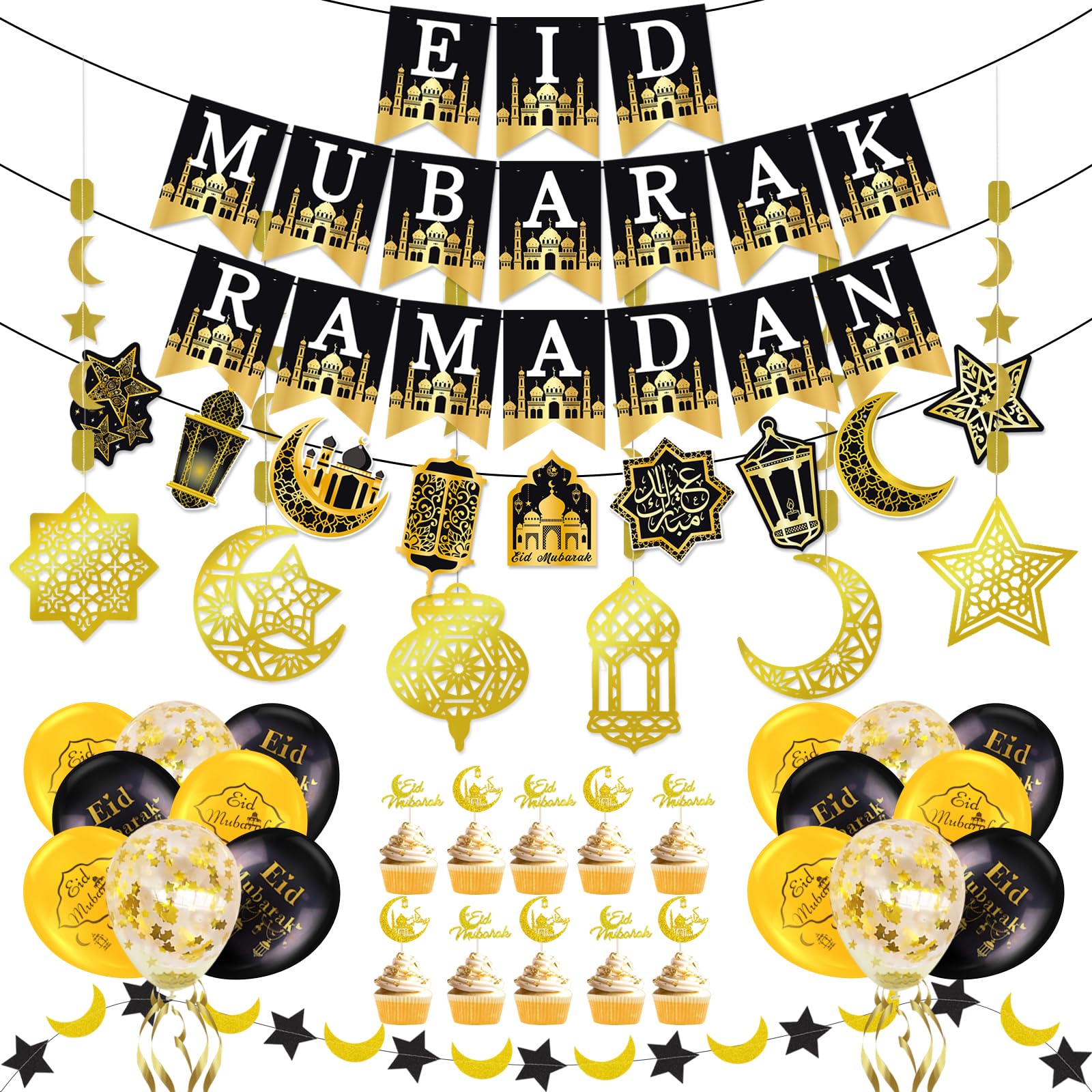 AhfuLife Ramadan Eid Mubarak Decorations - Preassembled Banners, Star Moon Garland, Cupcake Toppers (21-Piece Set)