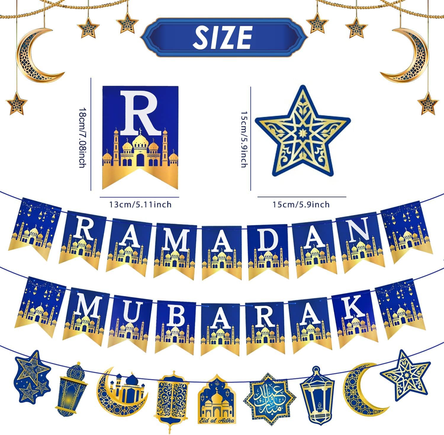 AhfuLife Ramadan Mubarak Banner Set – 3 Pcs Bunting & Crescent Star Garland
