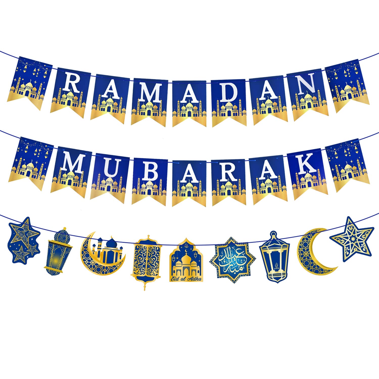AhfuLife Ramadan Mubarak Banner Set – 3 Pcs Bunting & Crescent Star Garland
