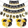 AhfuLife Ramadan Eid Banner Set – 4 Pcs, 16 Balloons, Ready-to-Hang Black & Gold