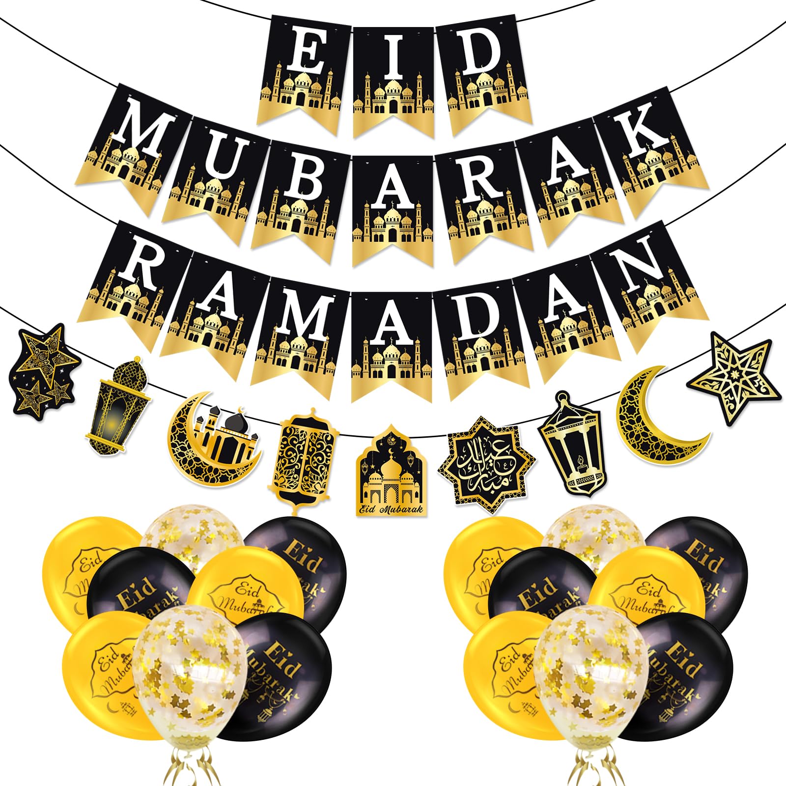AhfuLife Ramadan Eid Banner Set – 4 Pcs, 16 Balloons, Ready-to-Hang Black & Gold
