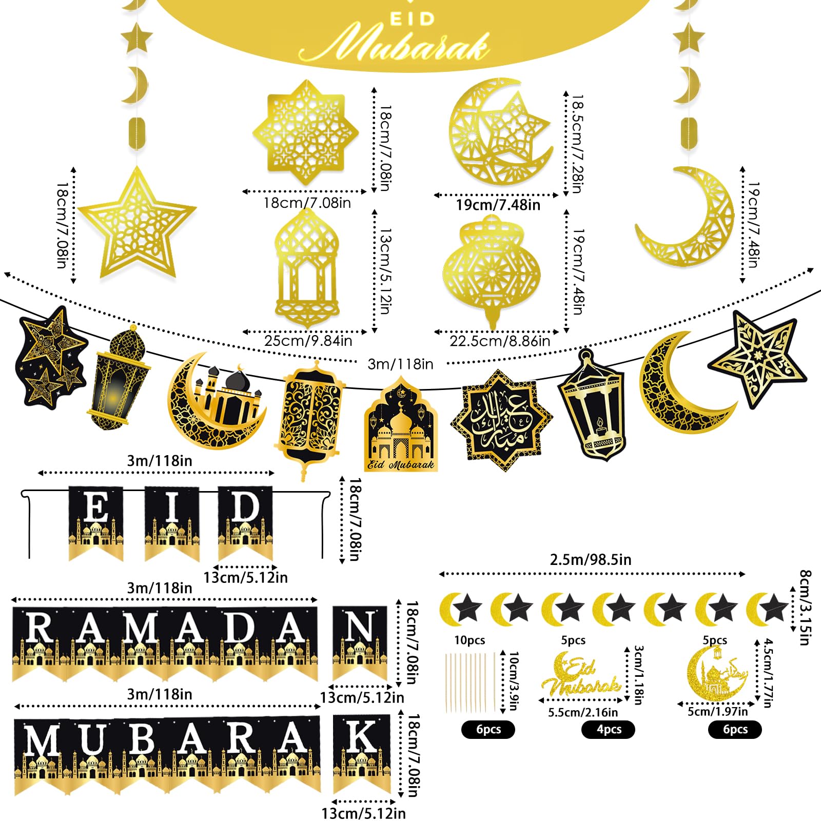 AhfuLife Ramadan Eid Mubarak Decorations - Preassembled Banners, Star Moon Garland, Cupcake Toppers (21-Piece Set)