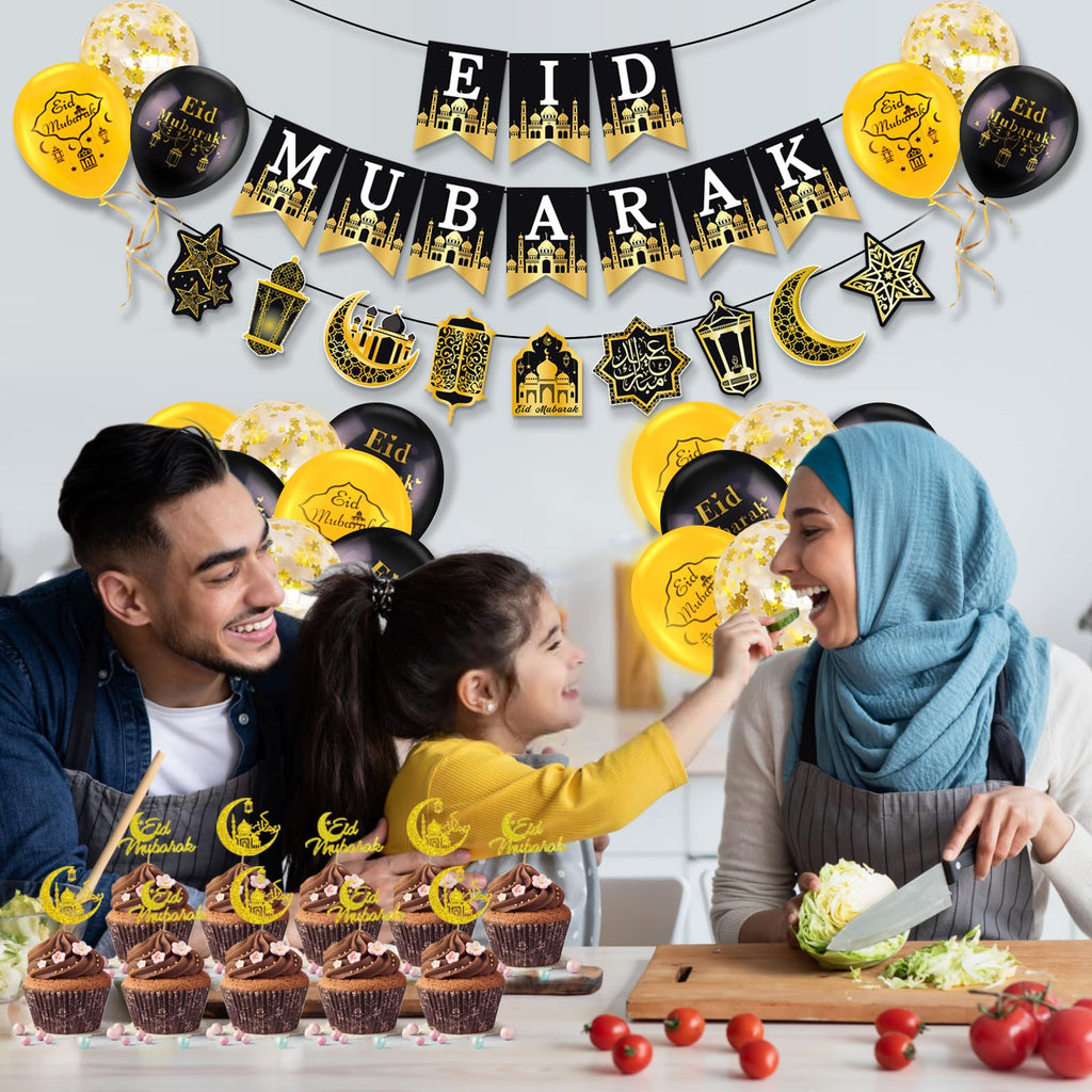 AhfuLife Ramadan Eid Banner Set – 4 Pcs, 16 Balloons, Ready-to-Hang Black & Gold