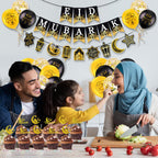 AhfuLife Ramadan Eid Banner Set – 4 Pcs, 16 Balloons, Ready-to-Hang Black & Gold