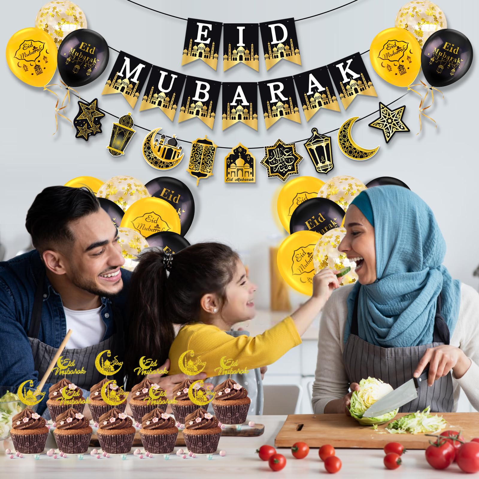AhfuLife Ramadan Eid Banner Set – 4 Pcs, 16 Balloons, Ready-to-Hang Black & Gold