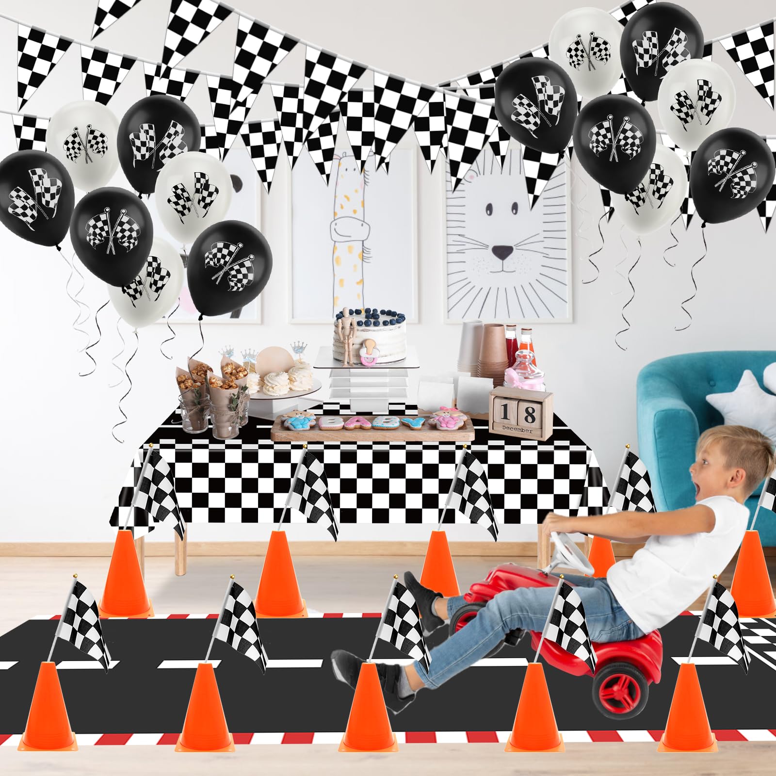 AHIER Race Car Party Decorations — 61-Piece Set with Traffic Cones & Checkered Flags