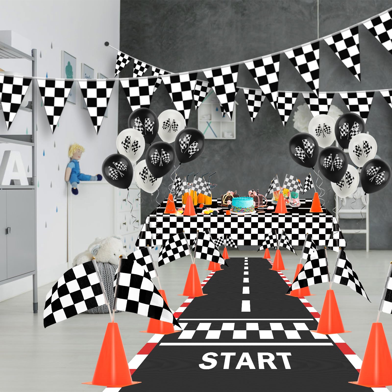 AHIER Race Car Party Decorations — 61-Piece Set with Traffic Cones & Checkered Flags
