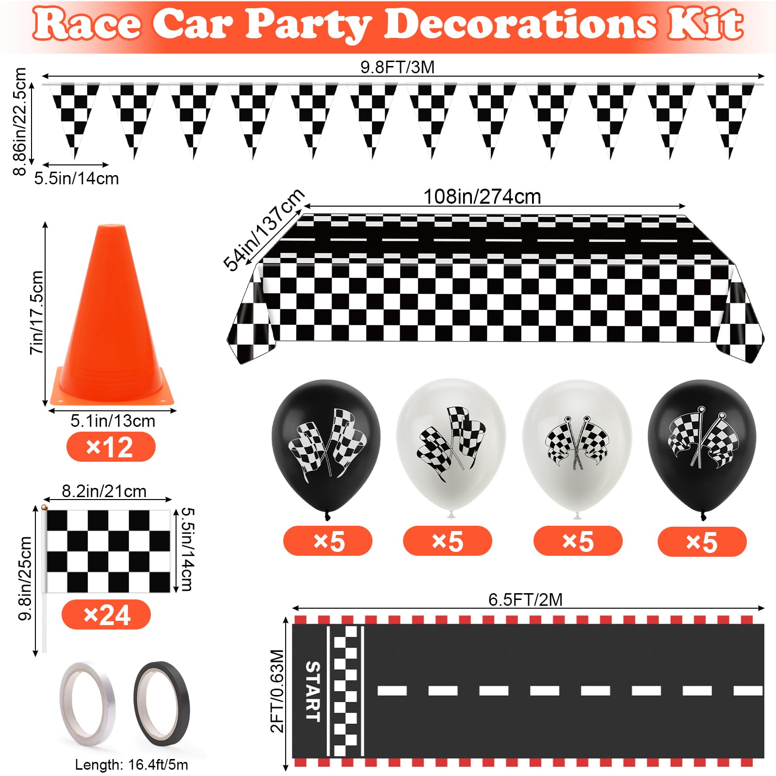 AHIER Race Car Party Decorations — 61-Piece Set with Traffic Cones & Checkered Flags