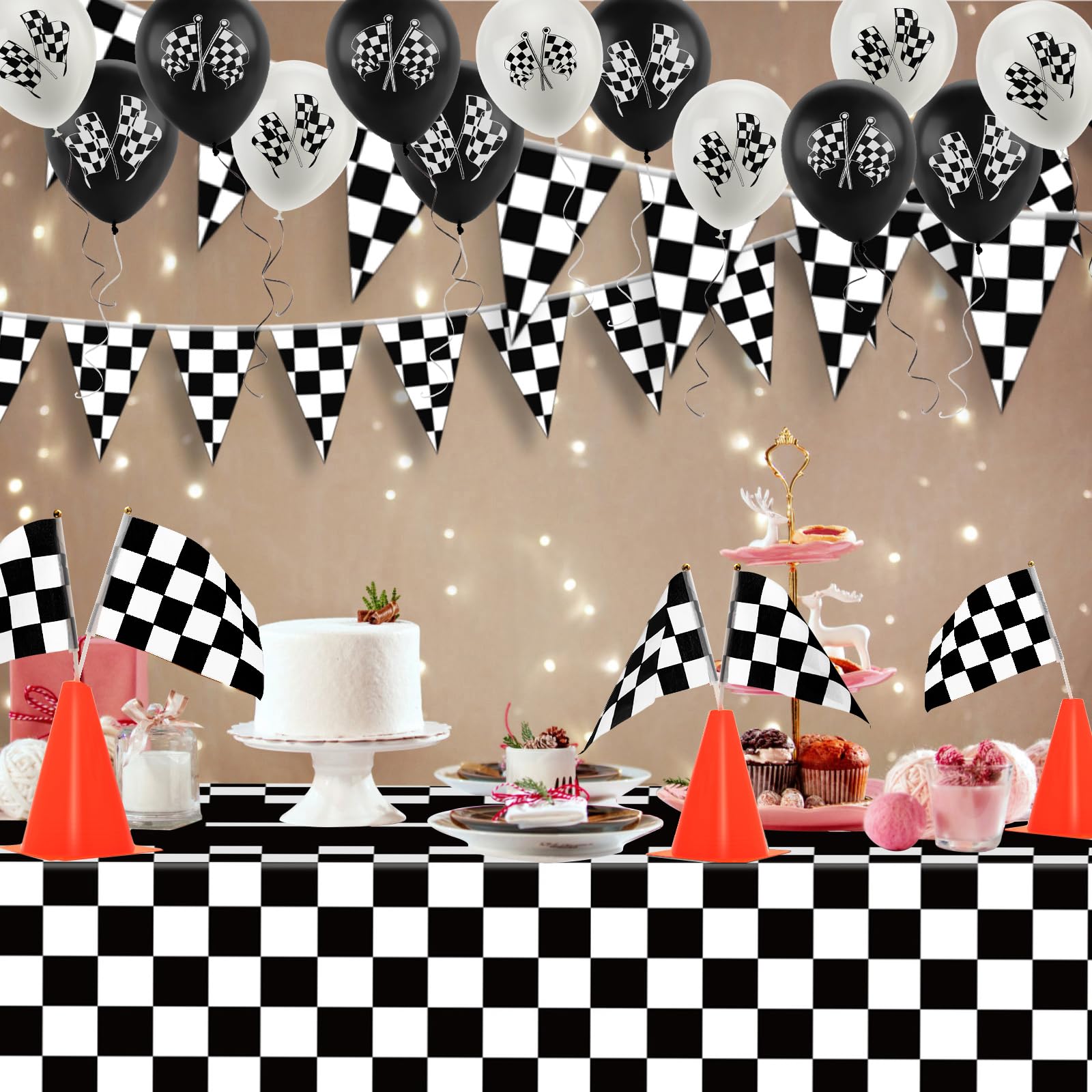 AHIER Race Car Party Decorations — 61-Piece Set with Traffic Cones & Checkered Flags