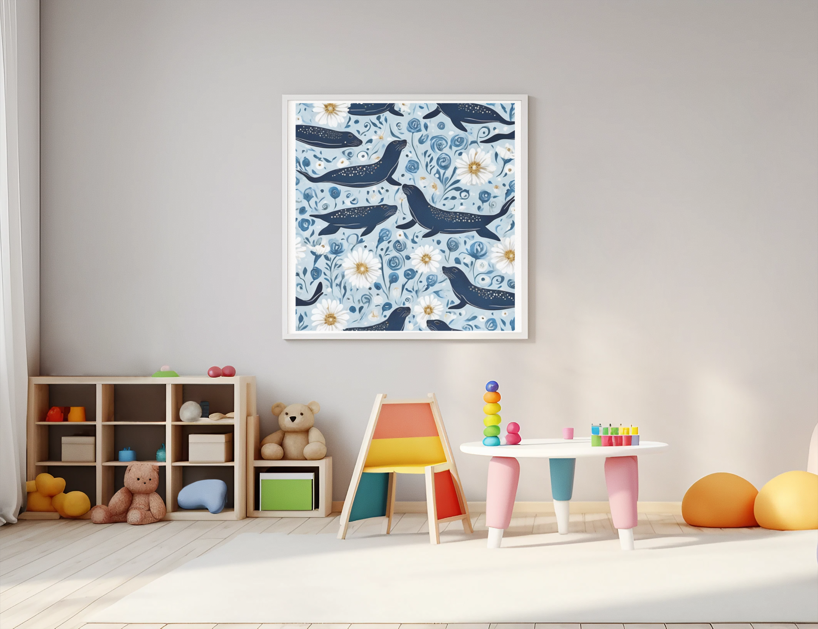 Whimsical Seal and Daisy Framed Wall Art