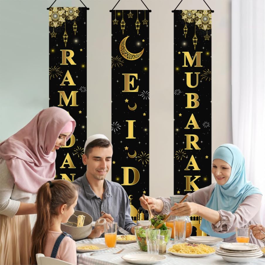 AIBIIN 3pc Ramadan Mubarak Banner – Eid Decor for Front Door