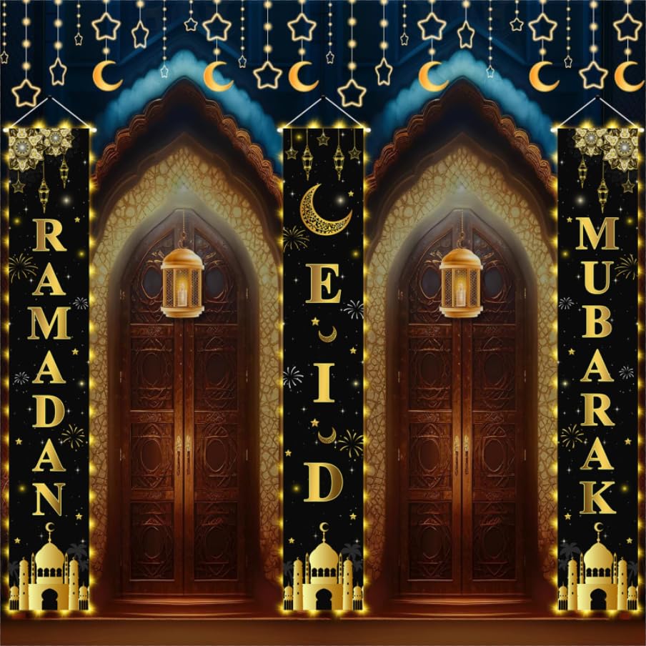 AIBIIN 3pc Ramadan Mubarak Banner – Eid Decor for Front Door