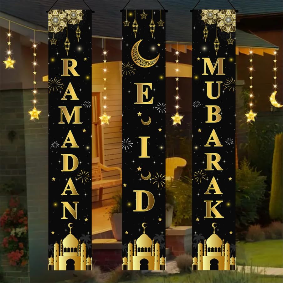AIBIIN 3pc Ramadan Mubarak Banner – Eid Decor for Front Door
