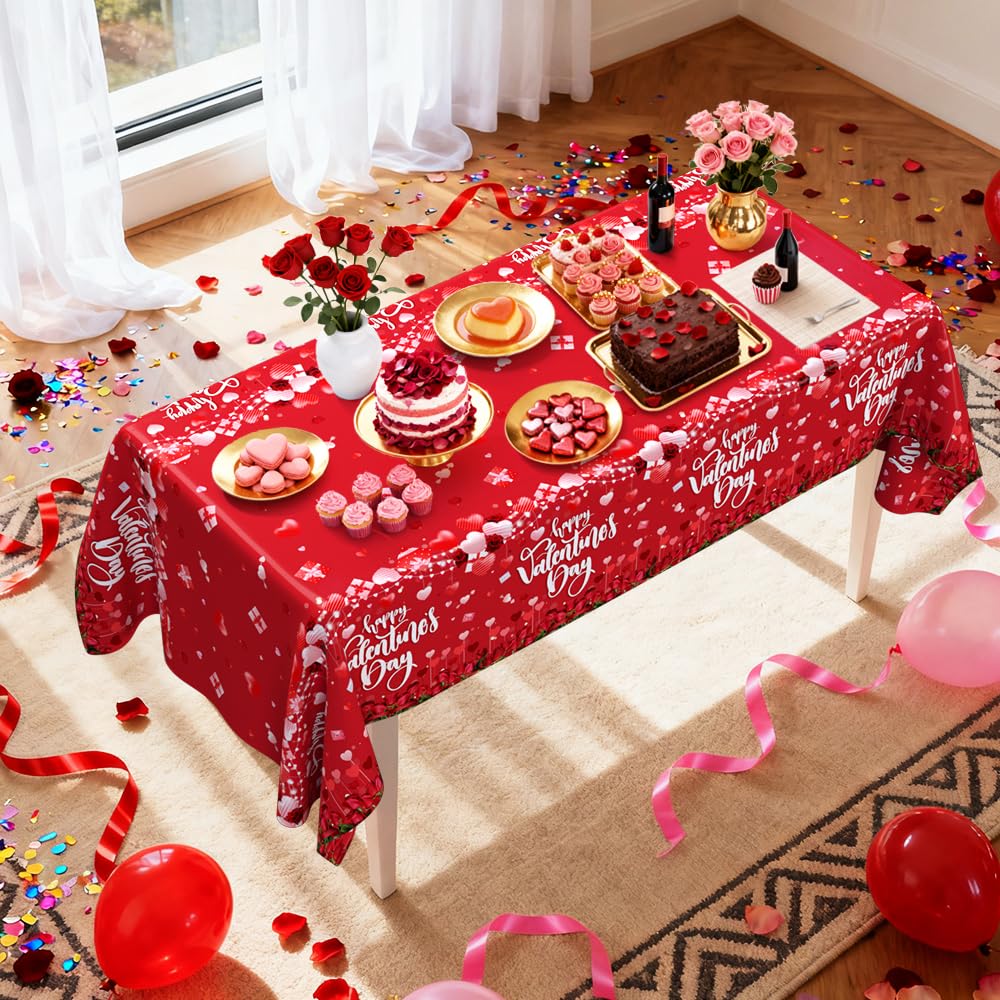 AIBIIN 3-Pack Red Valentines Tablecloths | 54 x 108 in Disposable Table Covers for Valentine's Day