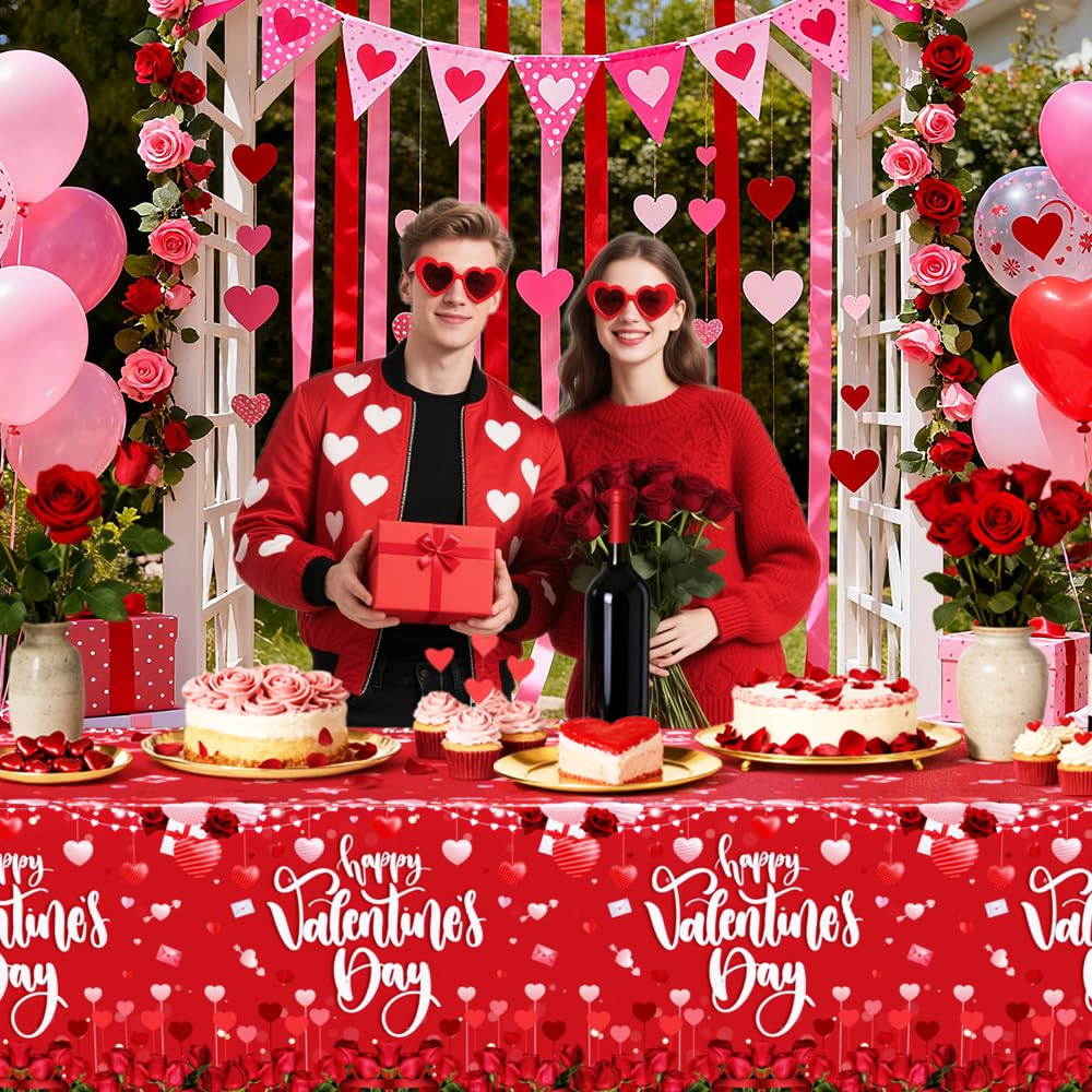 AIBIIN 3-Pack Red Valentines Tablecloths | 54 x 108 in Disposable Table Covers for Valentine's Day