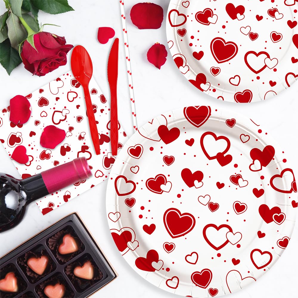 AIBIIN 112 PCS Valentines Day Plates & Napkins Set — Red Heart, Galentine's Day Serves 16