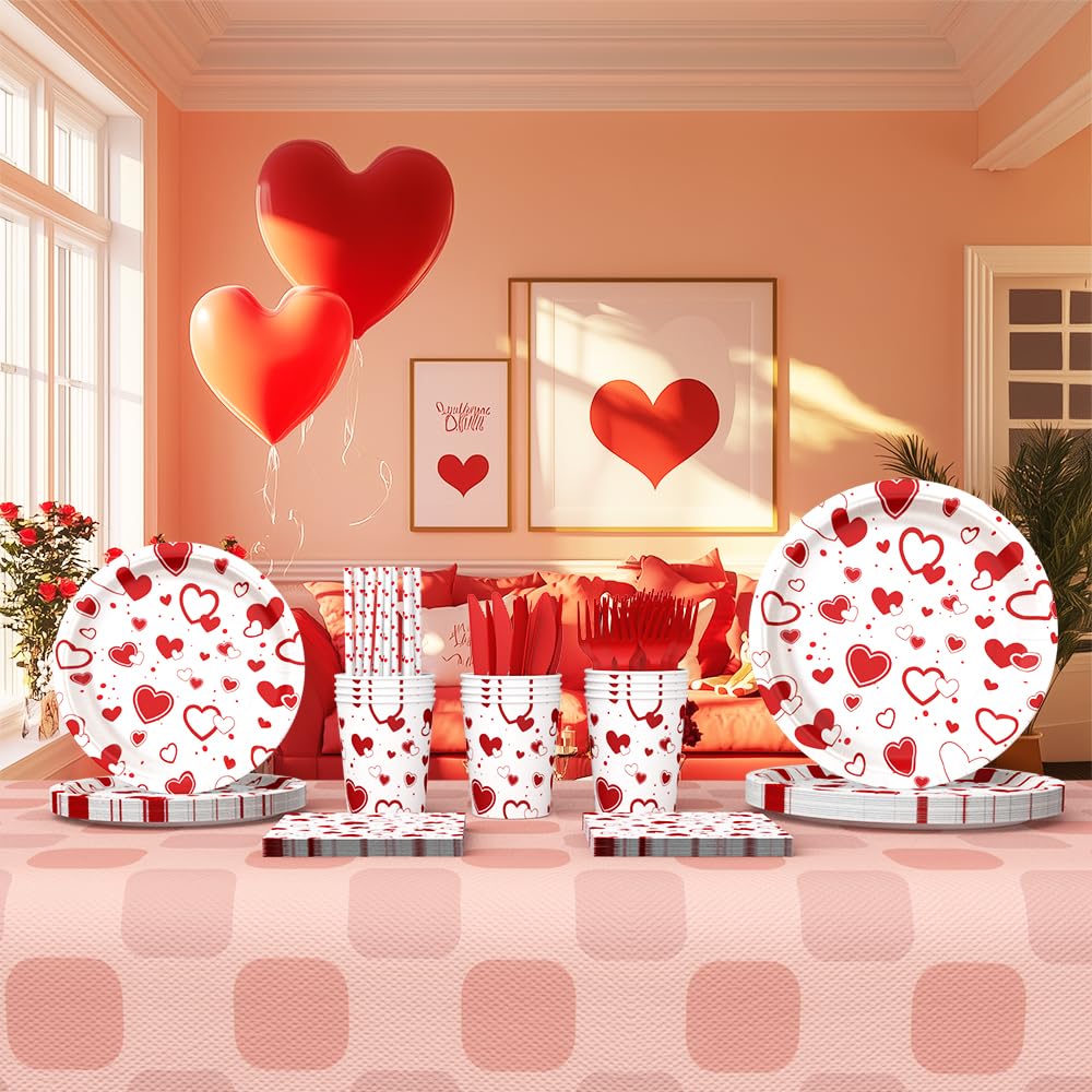 AIBIIN 112 PCS Valentines Day Plates & Napkins Set — Red Heart, Galentine's Day Serves 16