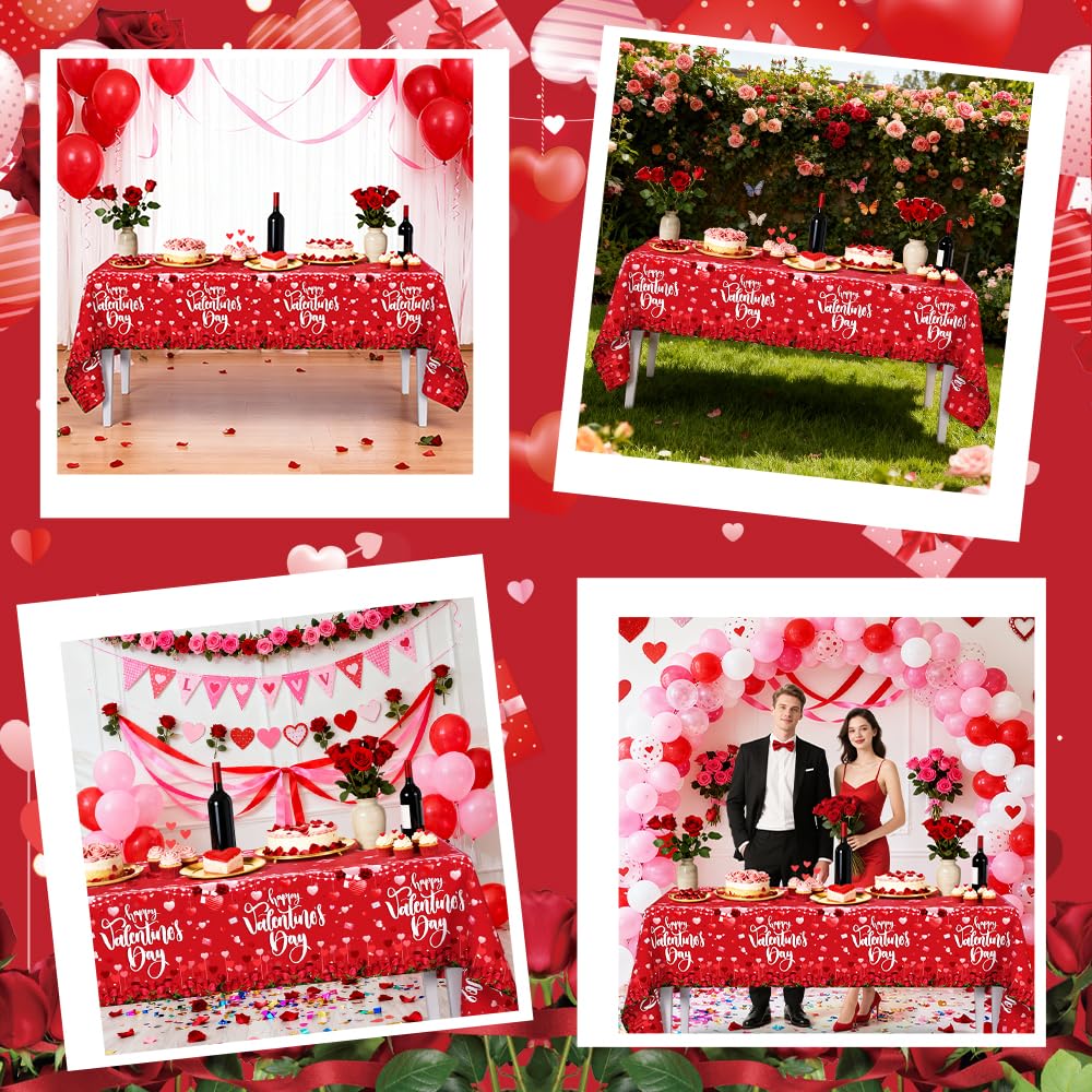 AIBIIN 3-Pack Red Valentines Tablecloths | 54 x 108 in Disposable Table Covers for Valentine's Day