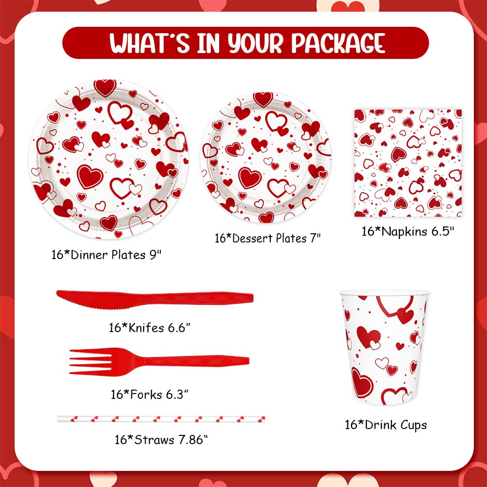 AIBIIN 112 PCS Valentines Day Plates & Napkins Set — Red Heart, Galentine's Day Serves 16