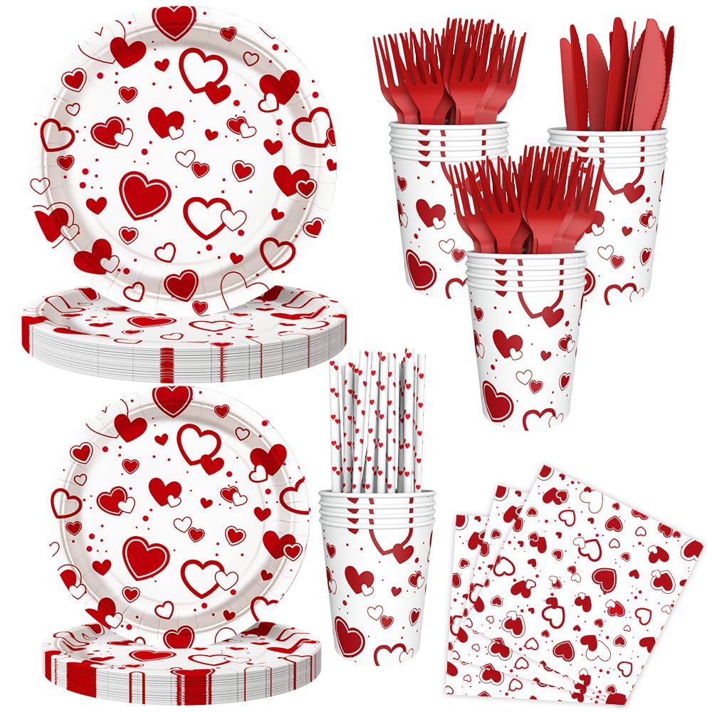 AIBIIN 112 PCS Valentines Day Plates & Napkins Set — Red Heart, Galentine's Day Serves 16