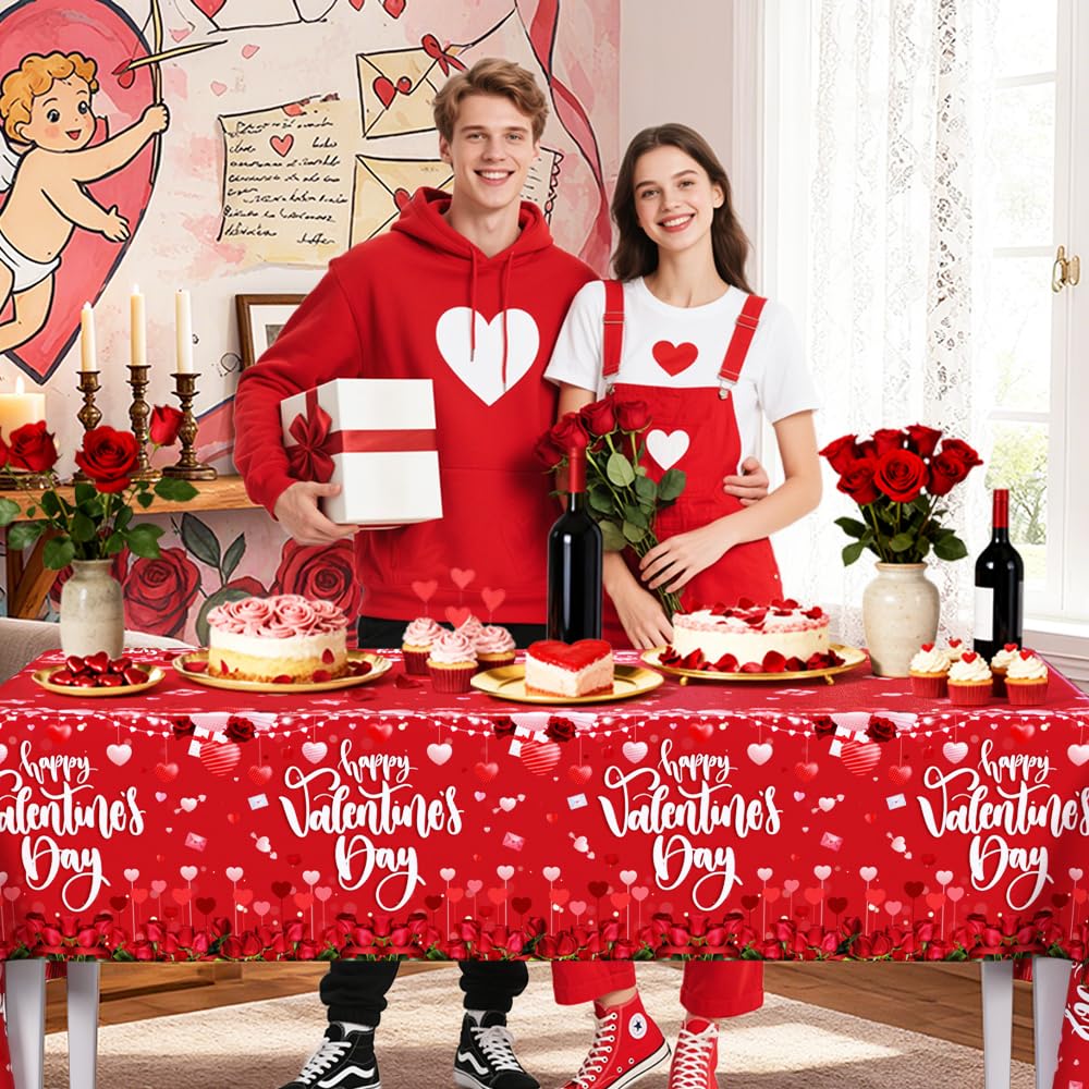 AIBIIN 3-Pack Red Valentines Tablecloths | 54 x 108 in Disposable Table Covers for Valentine's Day