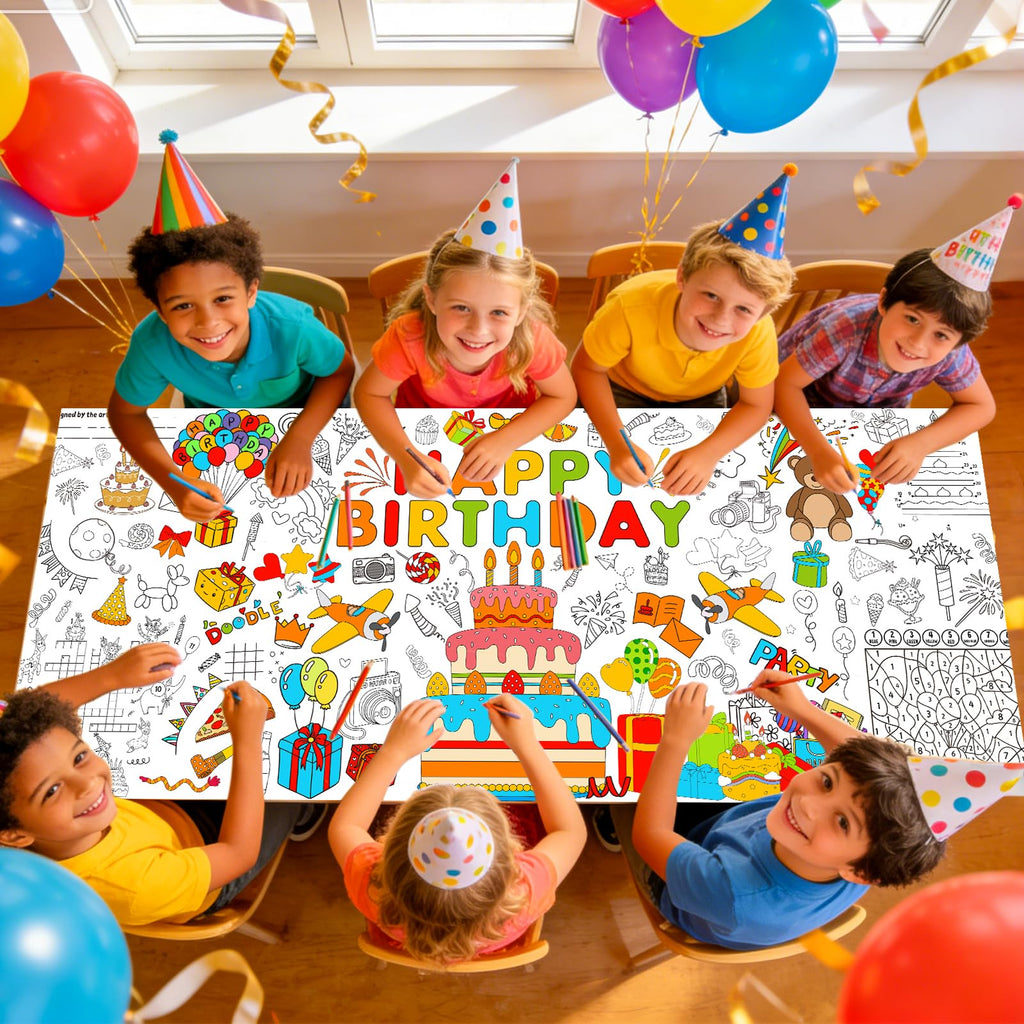 AinDen Birthday Coloring Tablecloth – Giant 72x30 Inch Coloring Poster for Parties, Crafts & Classrooms