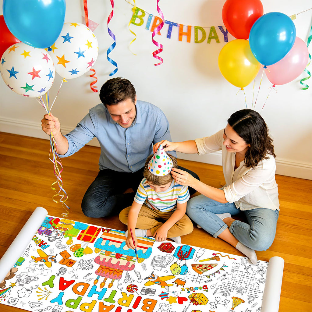 AinDen Birthday Coloring Tablecloth – Giant 72x30 Inch Coloring Poster for Parties, Crafts & Classrooms