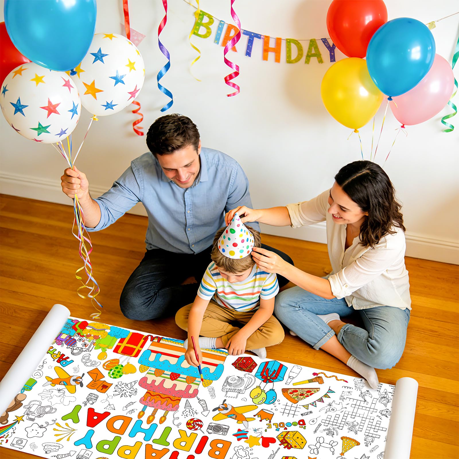 AinDen Birthday Coloring Tablecloth – Giant 72x30 Inch Coloring Poster for Parties, Crafts & Classrooms
