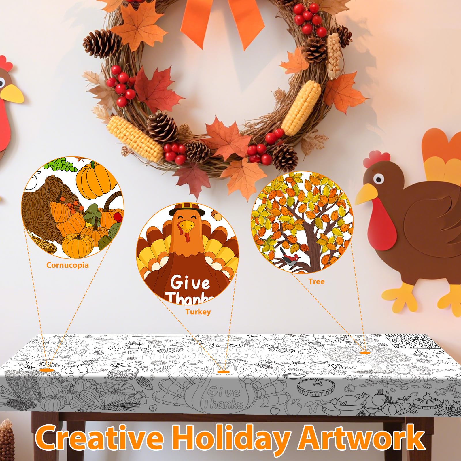 AinDen Thanksgiving Coloring Tablecloth – 72x30 Inch Kids Craft Table Cover