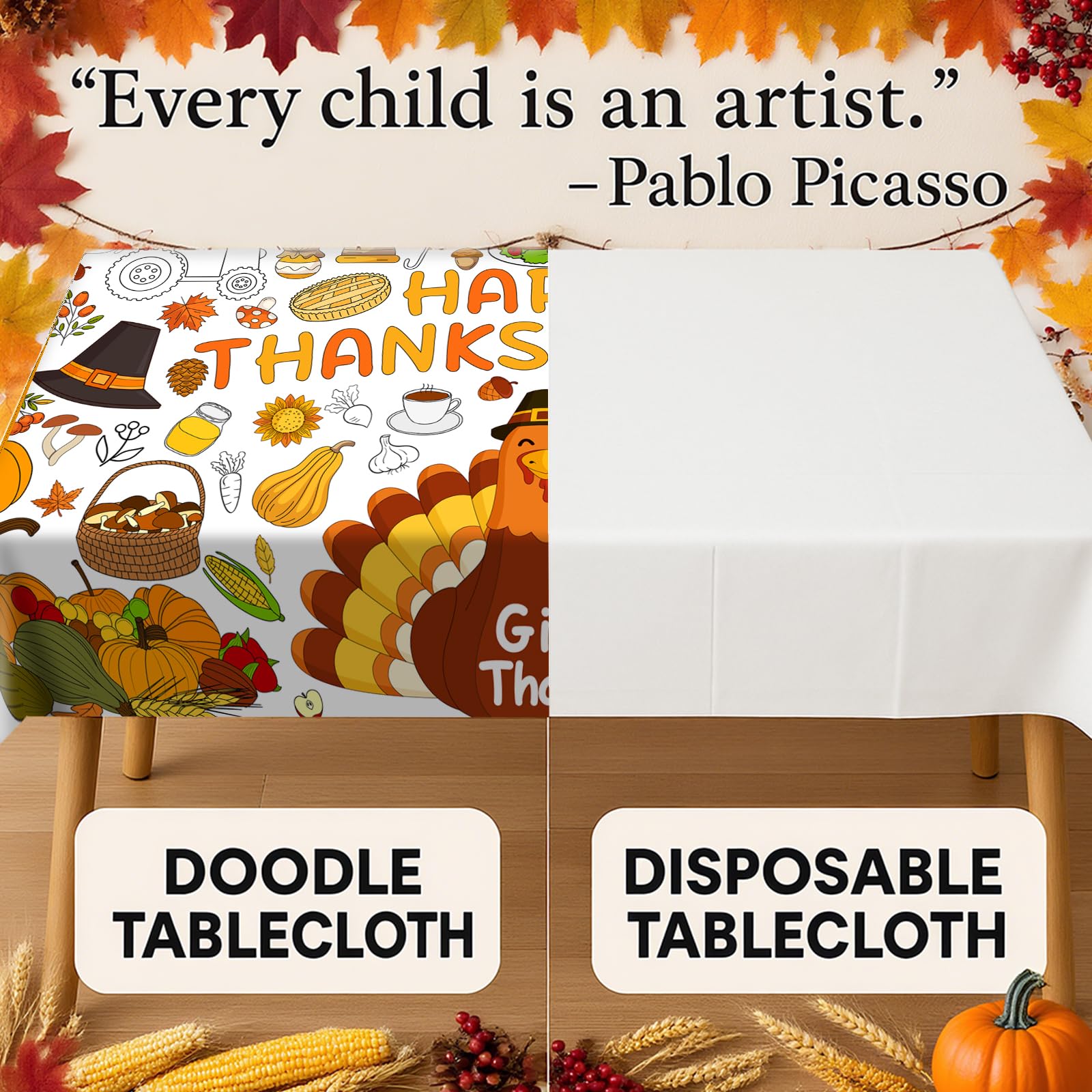 AinDen Thanksgiving Coloring Tablecloth – 72x30 Inch Kids Craft Table Cover