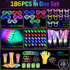 AioAuiy 186 PCS Glow in the Dark Party Set — Neon Sticks, Wands, LED Glasses & More